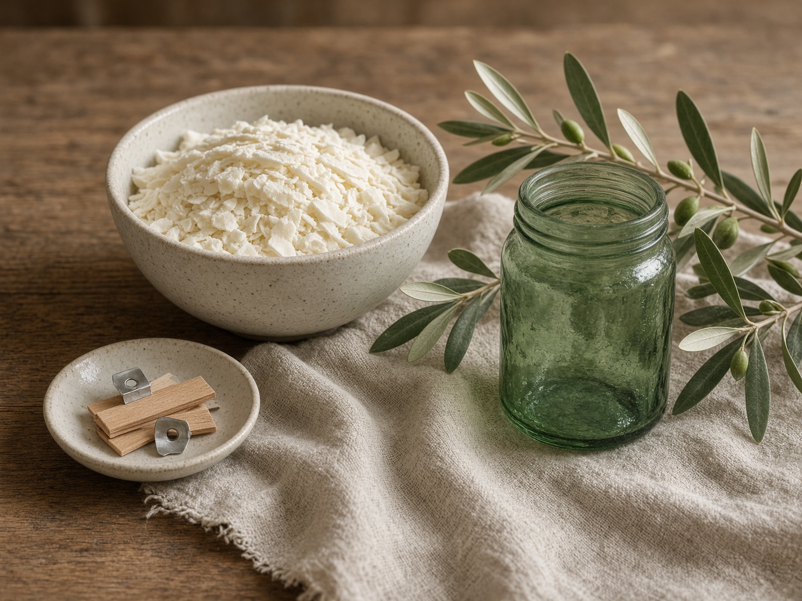 Soy wax flakes, wooden wicks, and an empty green glass jar on a studio table
