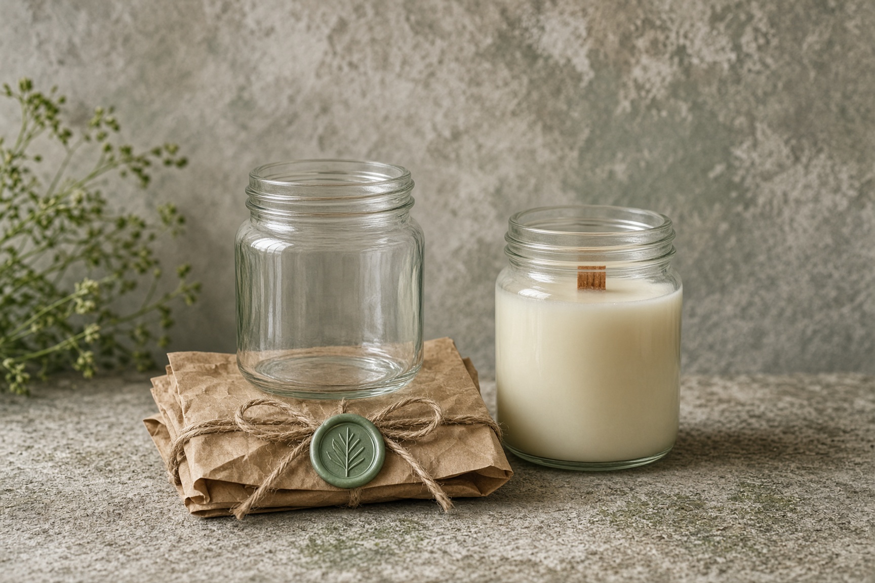 An empty jar wrapped to come back, beside a finished candle